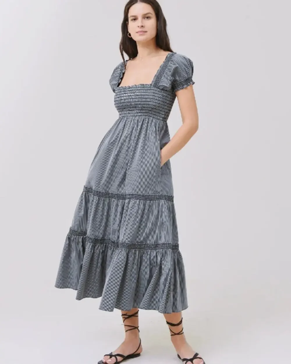 Tory Burch Dress Large Smocked Striped Midi Black Boho Summer Feminine Romantic